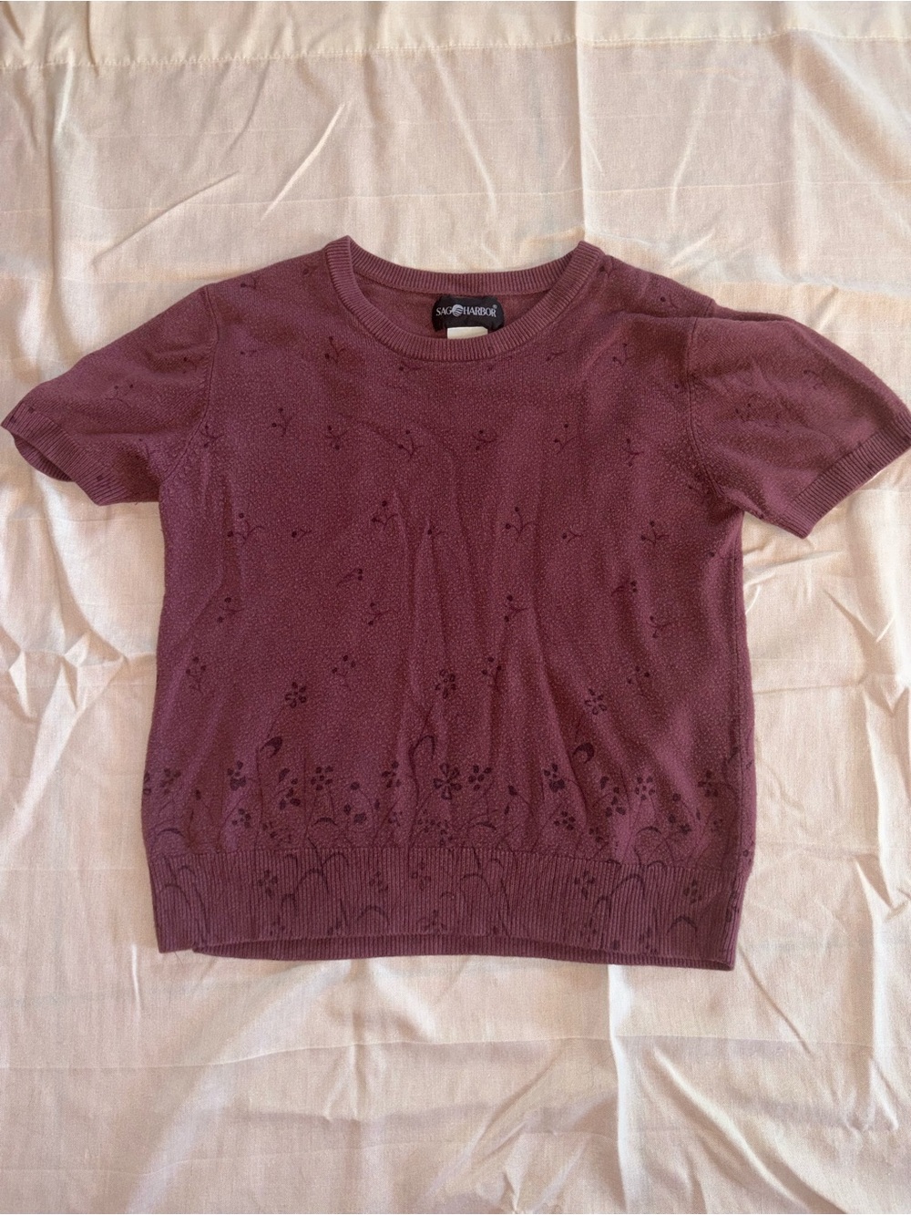 Sag Harbor Plum Short-Sleeve Knit Top with Subtle Floral Eyelet